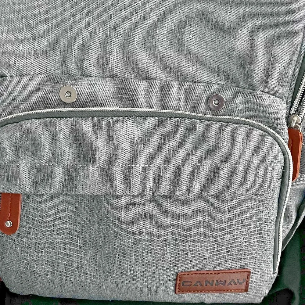Canway Diaper Bag Backpack Gray Brown Leather Trim Travel Baby Bag‎ Large Multi